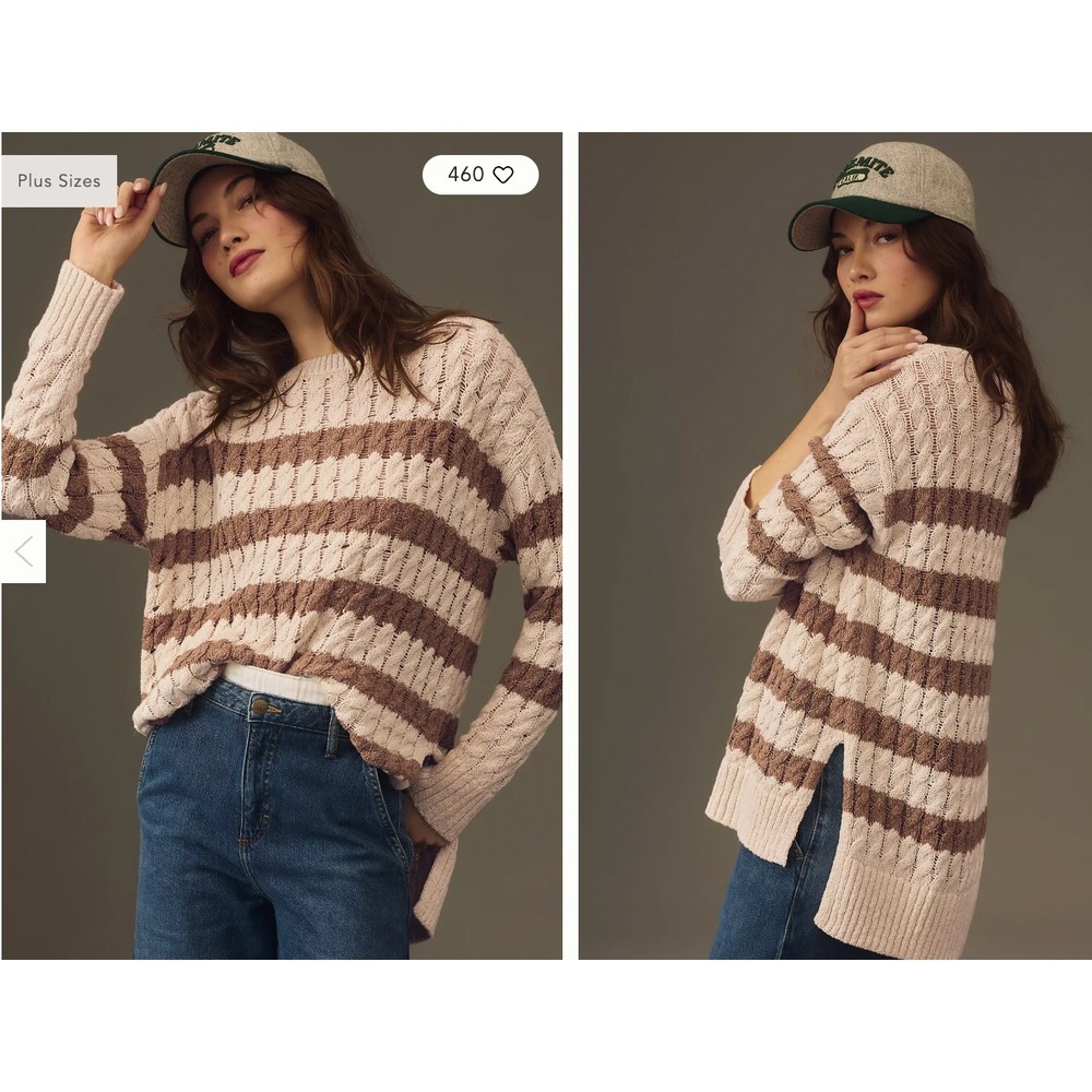 PILCRO Anthropologie Striped Cable Knit‎ Sweater Cream Brown Relaxed Fit Size L